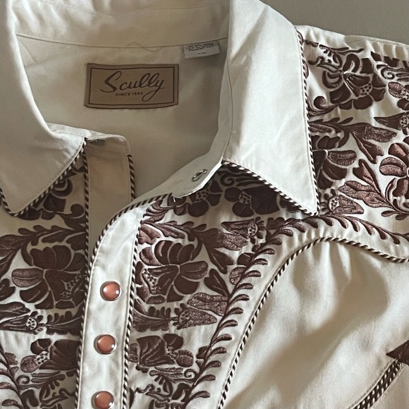 Scully Other - Vintage Scully Western Shirt. Cream with Brown Embroidery. Pearl Snap. Rare Find